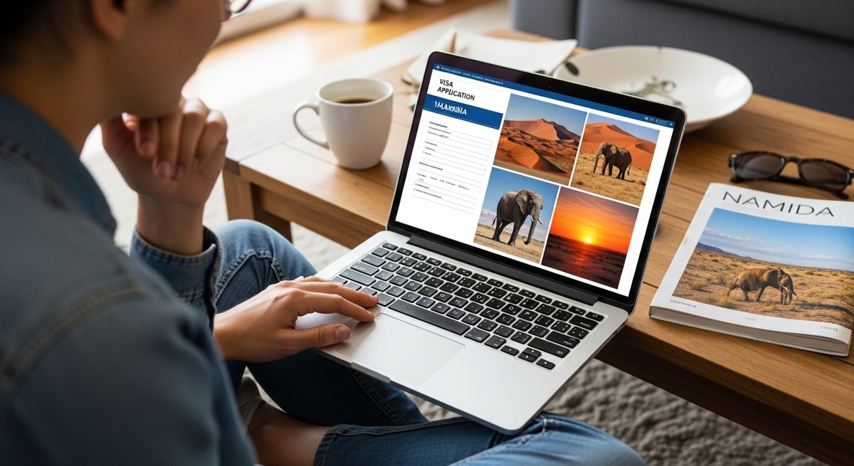 Traveler planning Namibia adventure with laptop showing visa application and desert photos