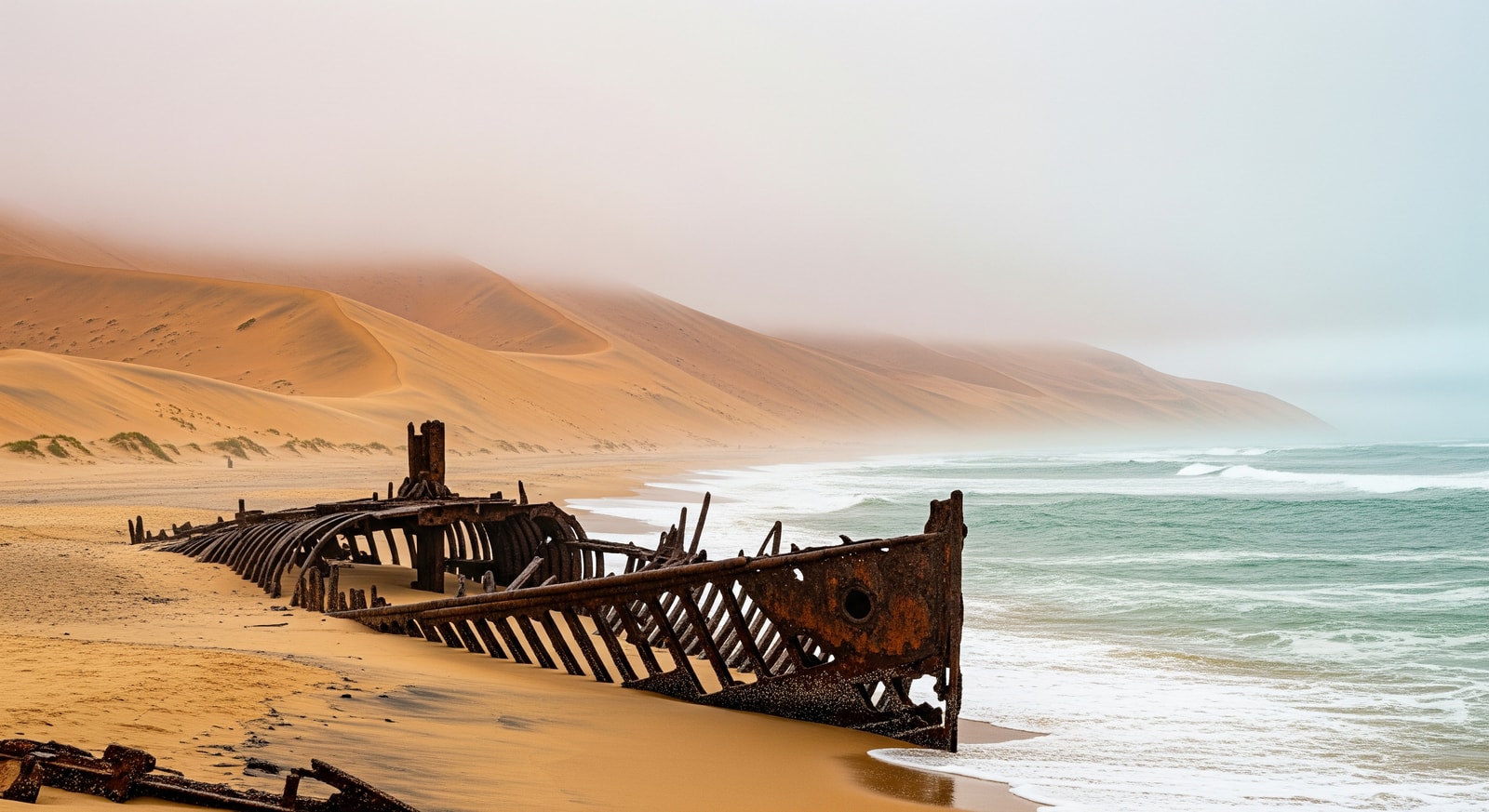 Shipwreck remains on the foggy Skeleton Coast with sand dunes meeting the Atlantic Ocean
