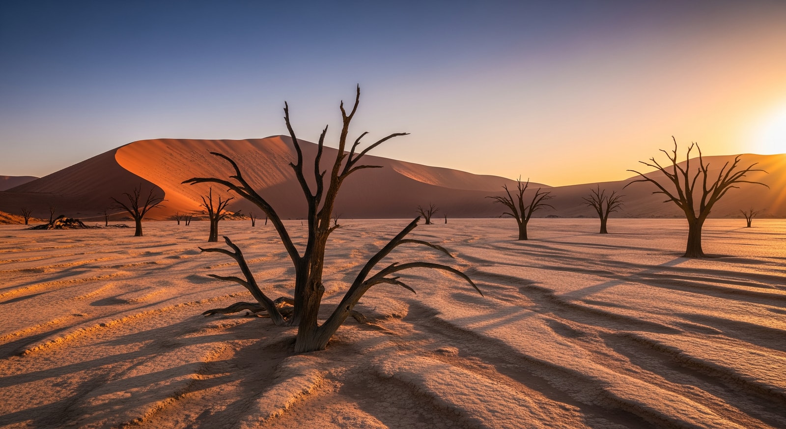 Iconic red sand dunes of Sossusvlei with dead camel thorn trees in Deadvlei clay pan at sunrise