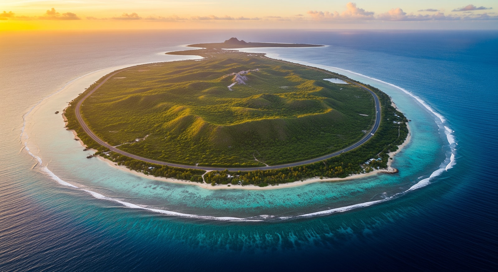 Aerial view of Nauru island showing the ring road encircling the small Pacific nation