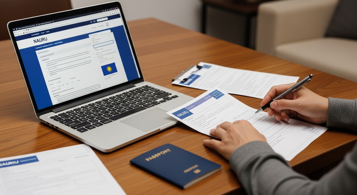 Traveler preparing visa documents for Nauru with laptop and passport