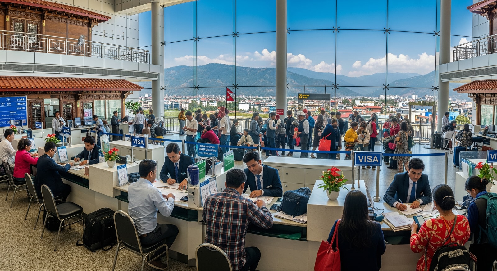 Tribhuvan International Airport arrivals hall in Kathmandu with visa counters and travelers processing documents