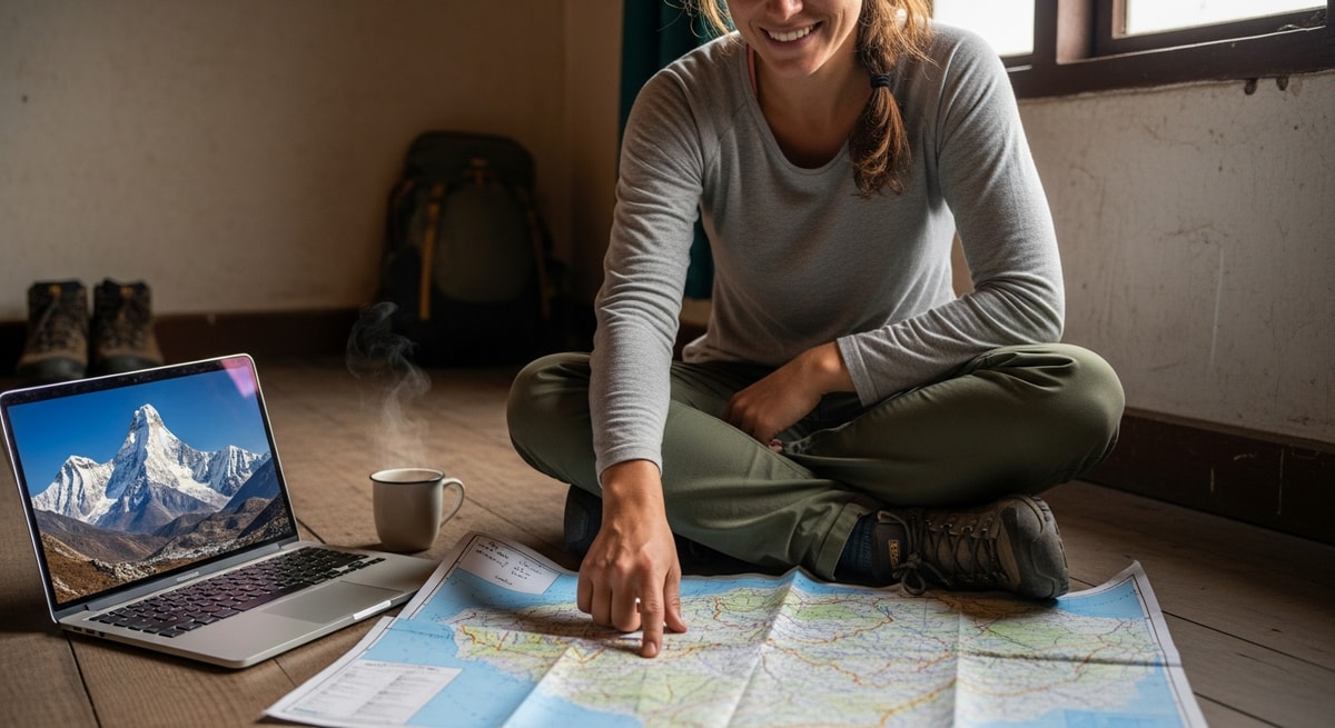 Traveler planning Nepal trekking adventure with map and laptop showing Himalayan mountains