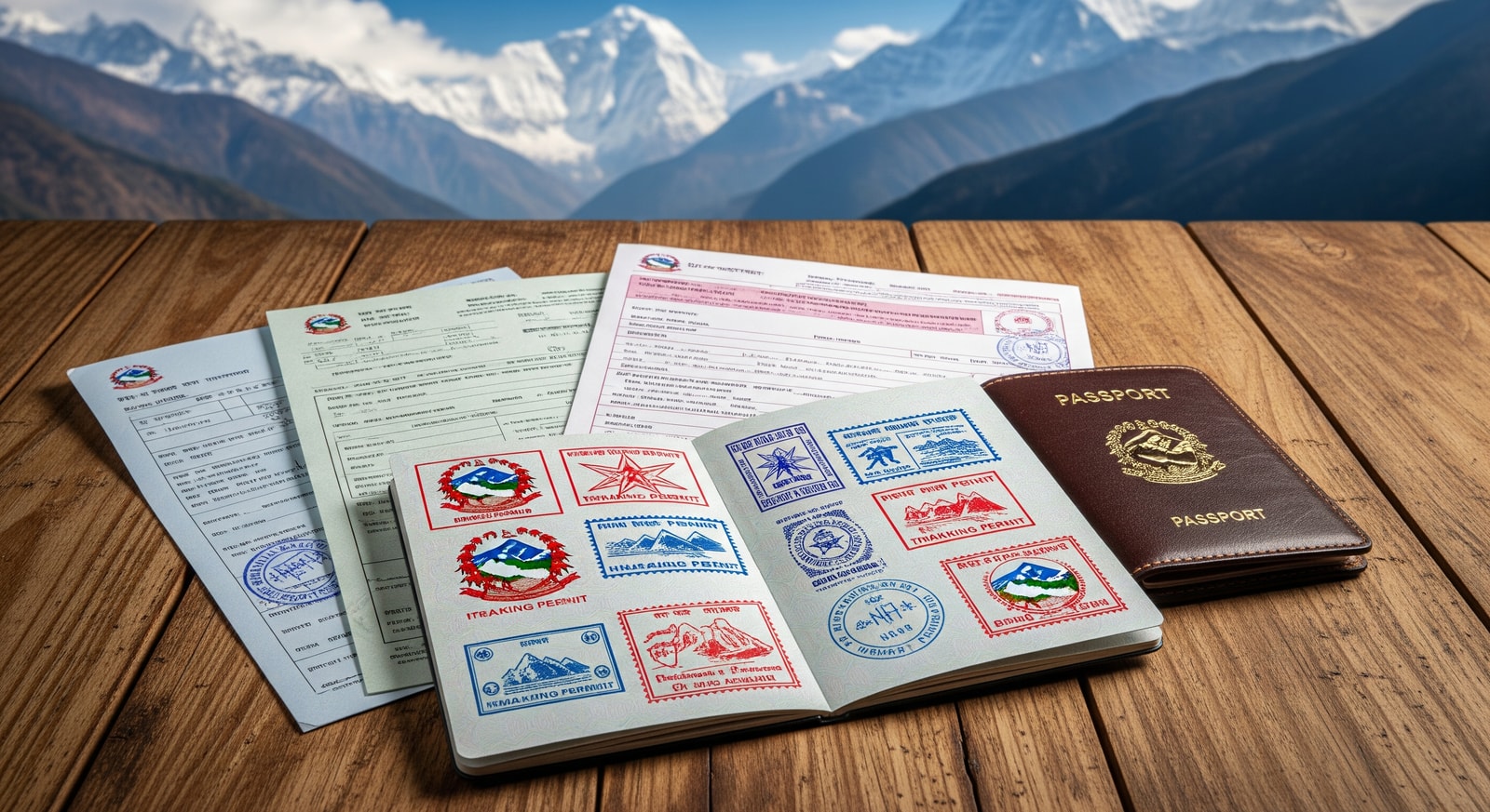 Nepali immigration documents and passport with Himalayan trekking permit stamps displayed on wooden table
