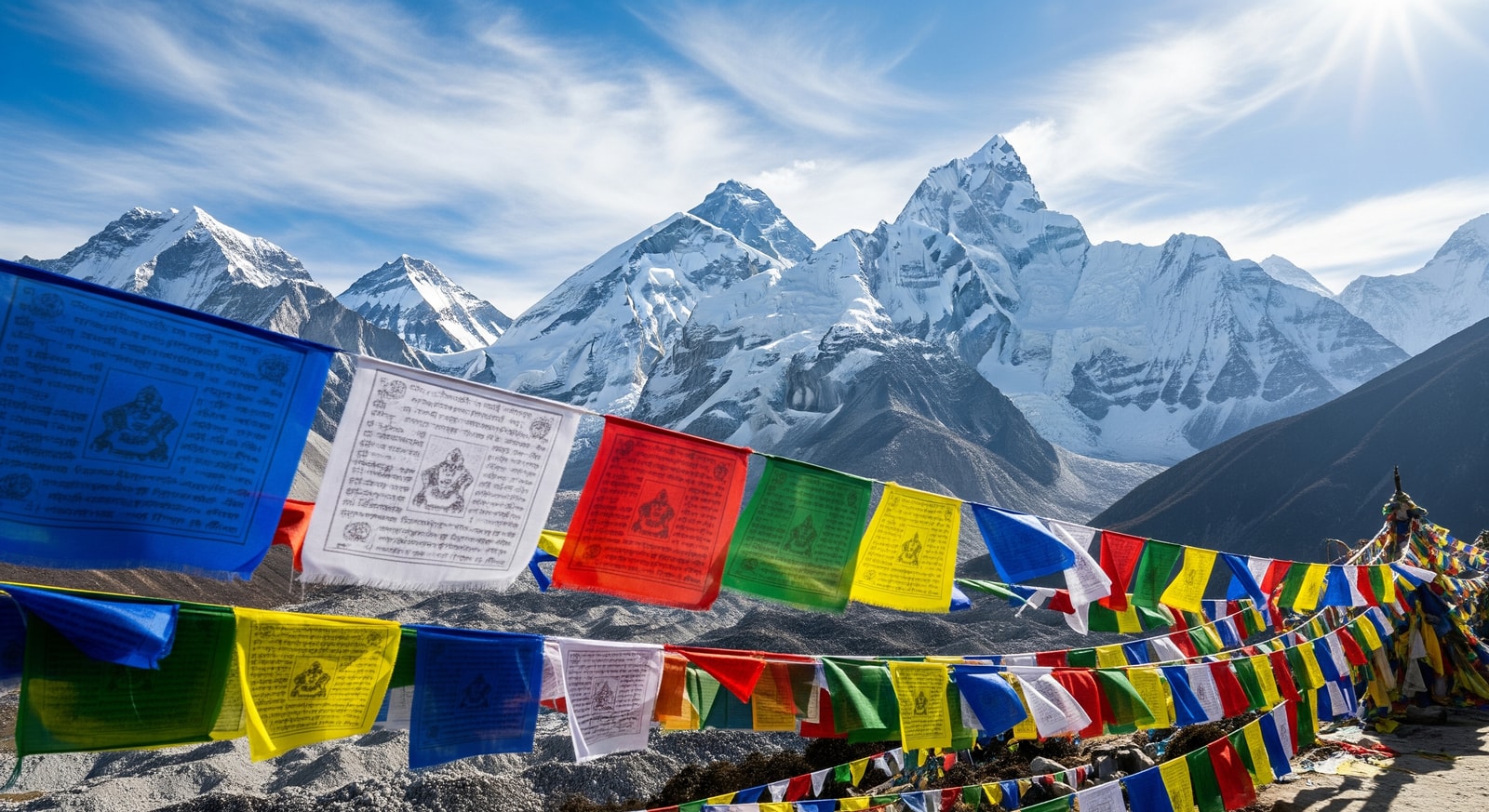 Colorful prayer flags fluttering against the backdrop of snow-capped Himalayan peaks near Everest region