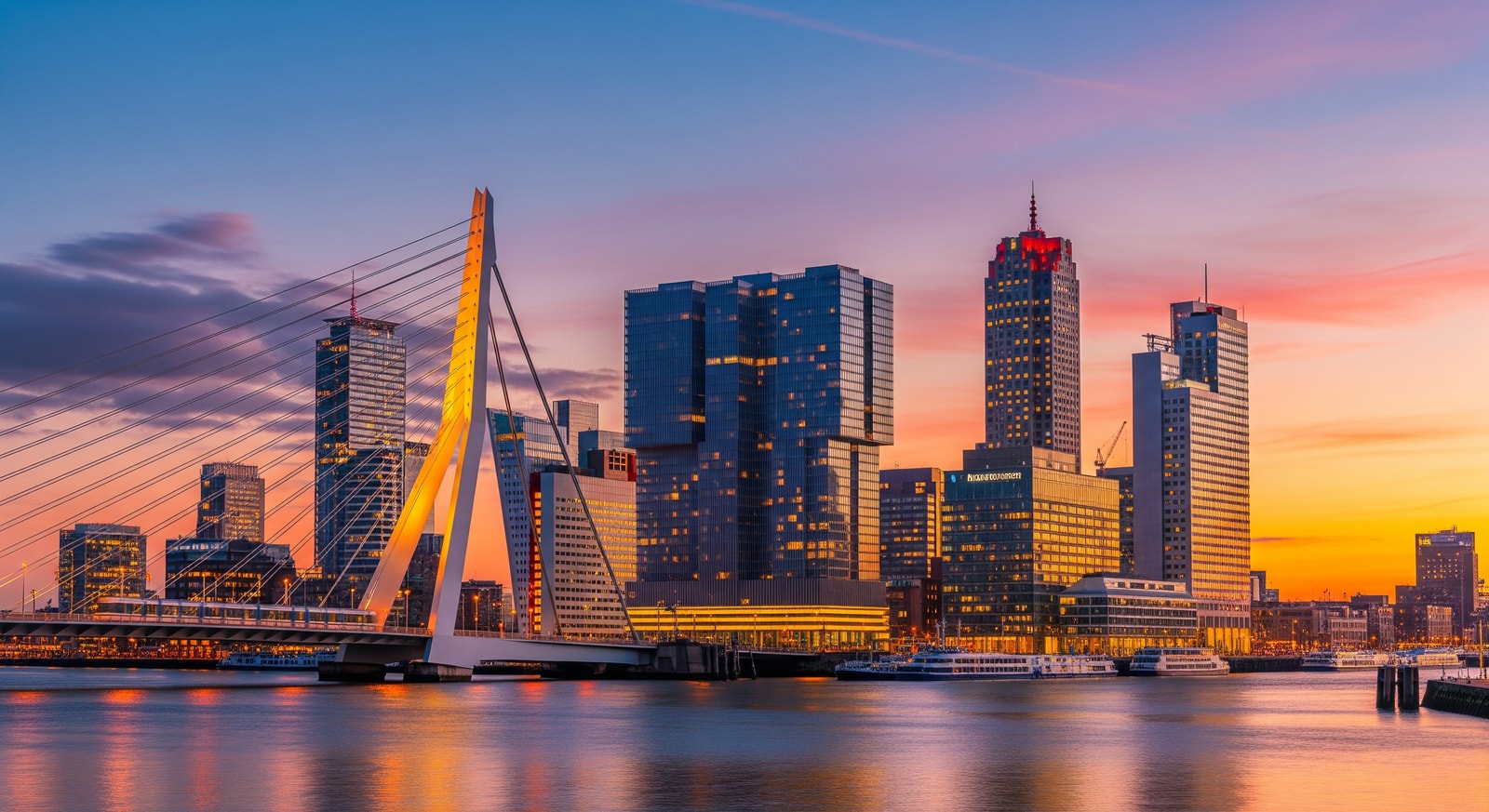 Modern Rotterdam skyline with the iconic Erasmus Bridge and contemporary architecture along the Maas River