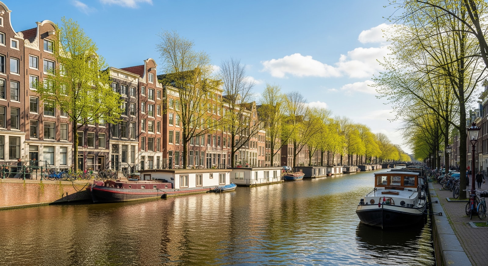Traditional Dutch canal houses and houseboats along a tree-lined Amsterdam canal in springtime