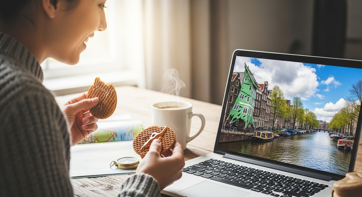 Traveler planning Netherlands trip with laptop showing Amsterdam canals while enjoying stroopwafel
