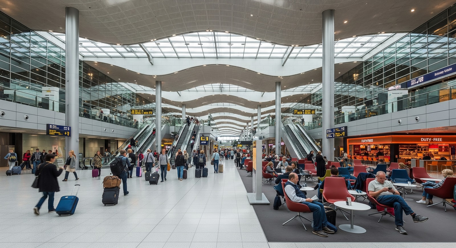 Interior of Amsterdam Schiphol Airport with modern architecture and travelers in the departure hall