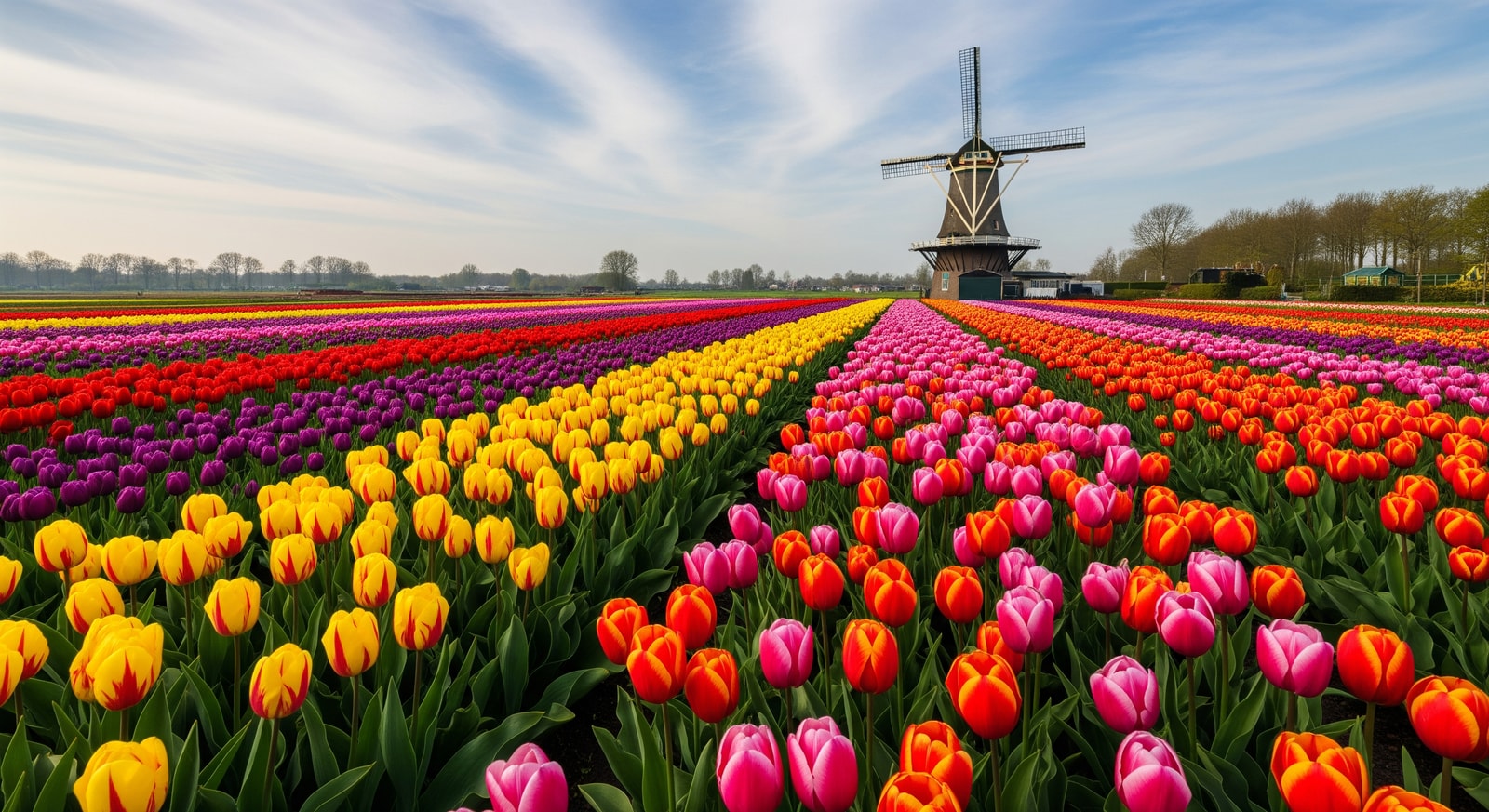 Vibrant rows of colorful tulips at Keukenhof Gardens with a traditional Dutch windmill in the background