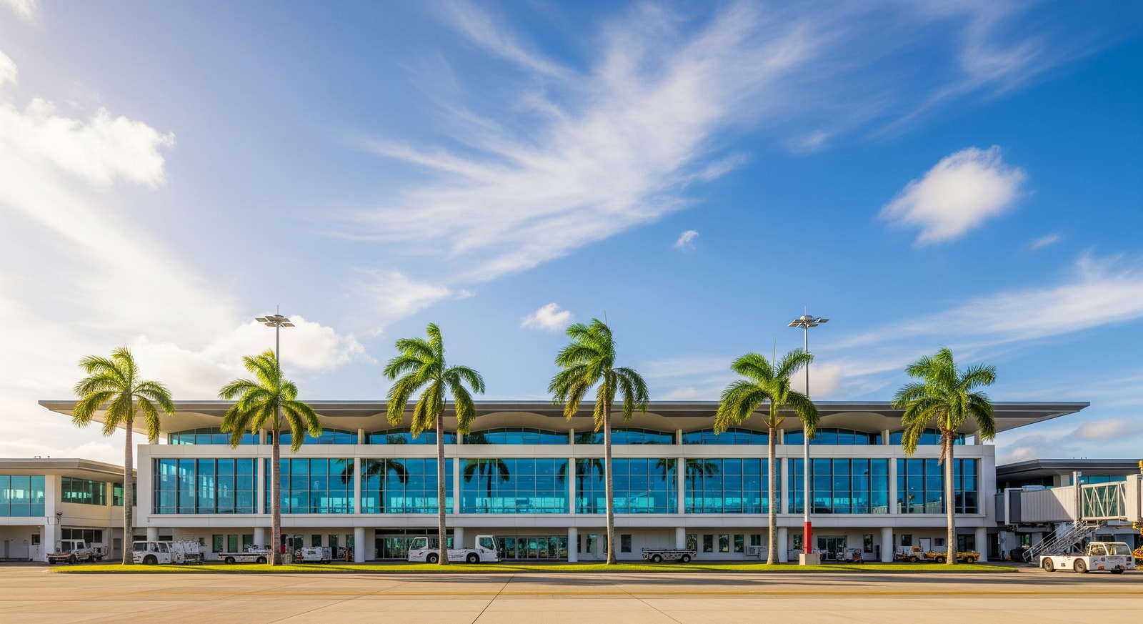 Modern terminal of La Tontouta International Airport with palm trees and blue sky in the background