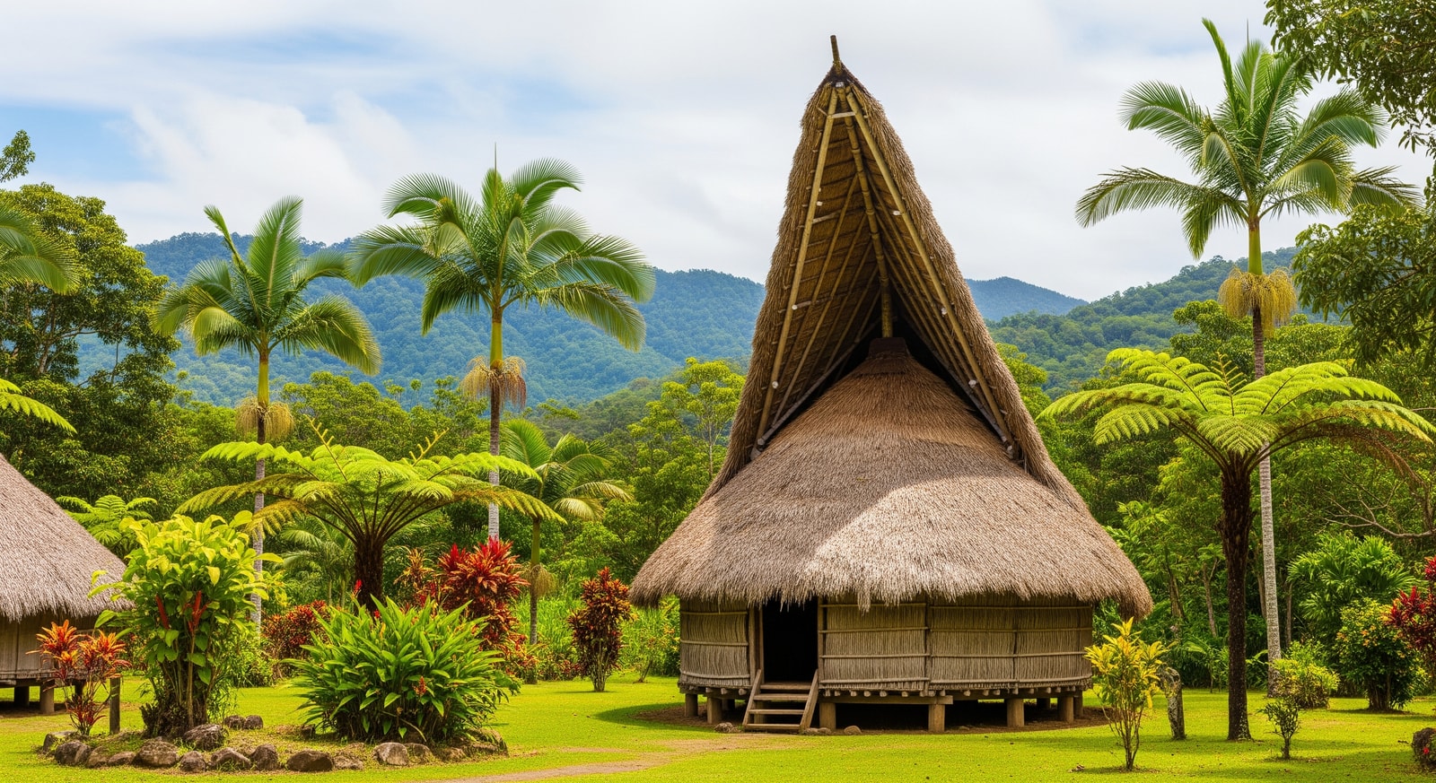 Traditional Kanak tribal hut with distinctive pointed roof in a cultural village surrounded by tropical vegetation