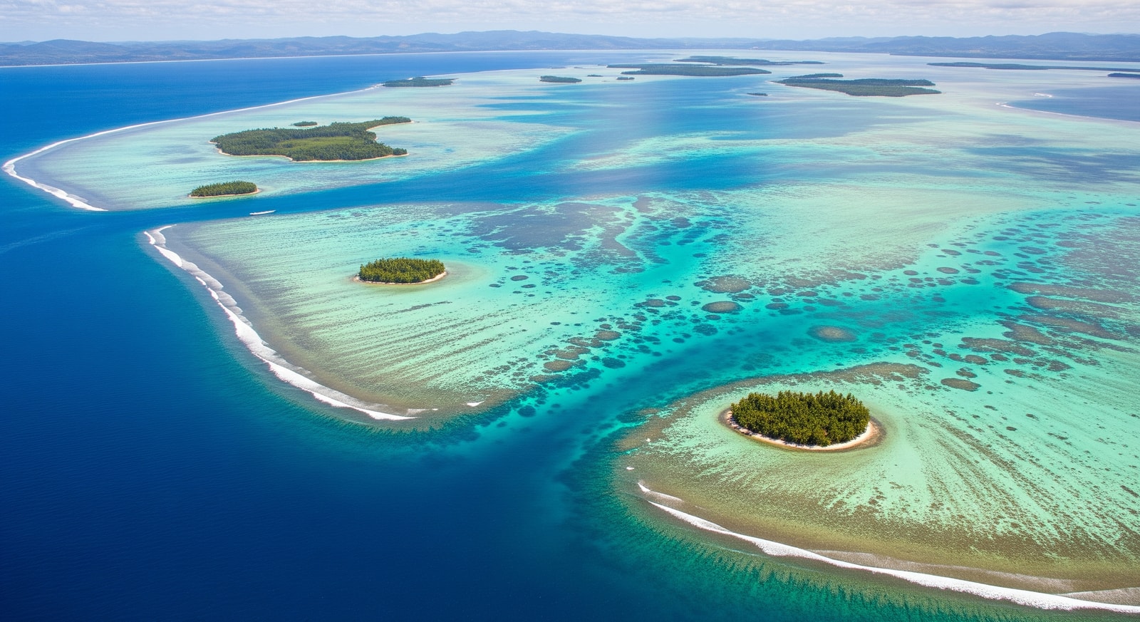Aerial view of New Caledonia's UNESCO World Heritage lagoon with vibrant coral reefs and turquoise waters