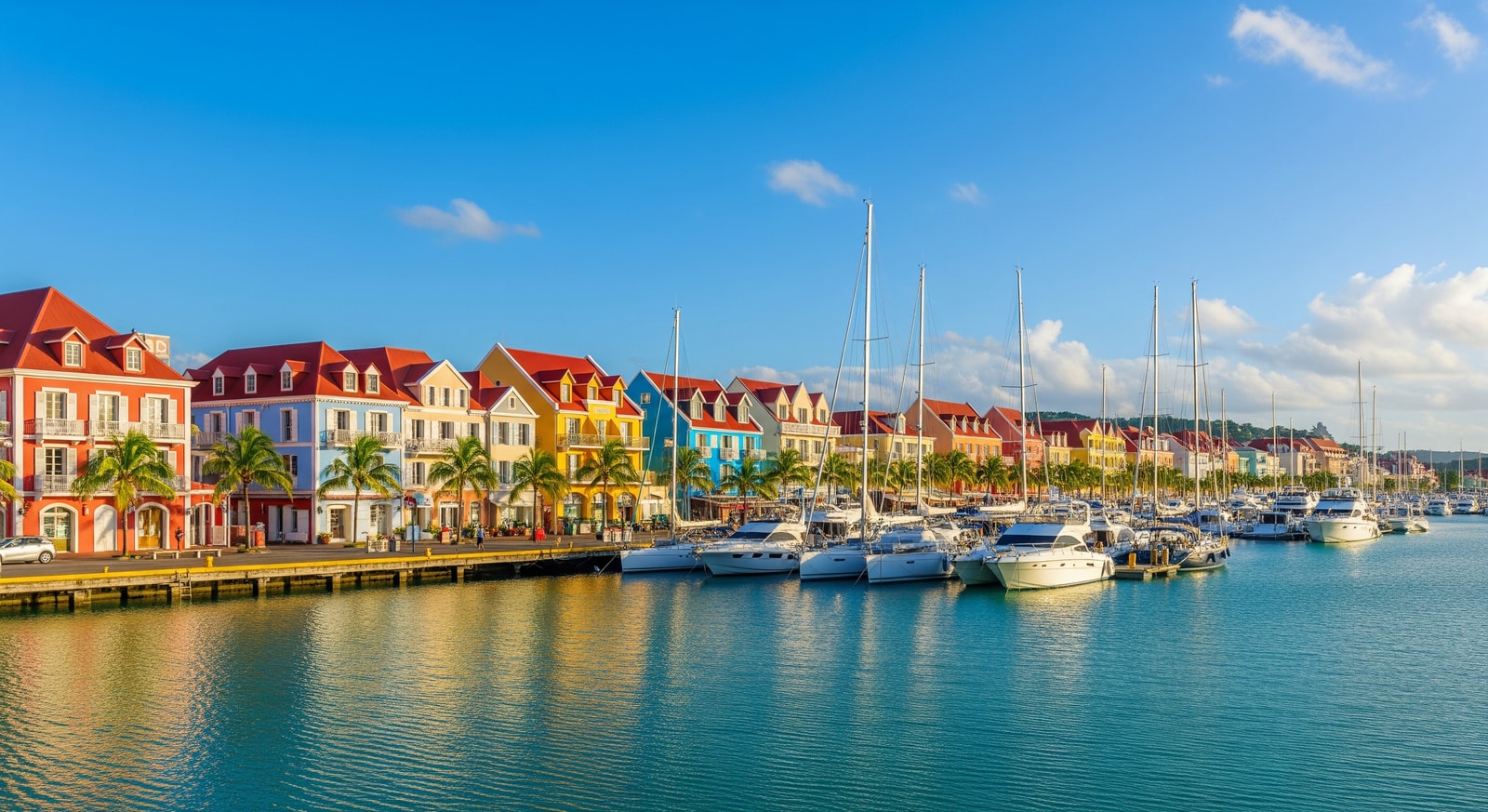 Colorful buildings and marina of Noumea city center with yachts and palm trees along the waterfront