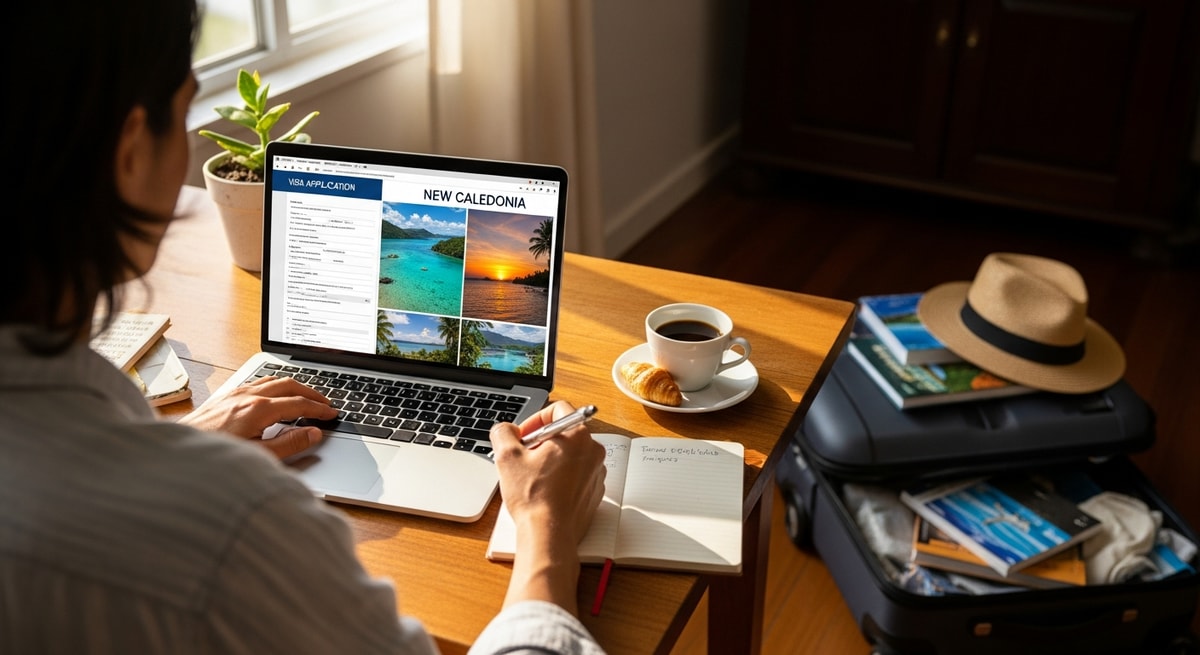 Traveler planning New Caledonia trip with laptop showing visa application and travel photos