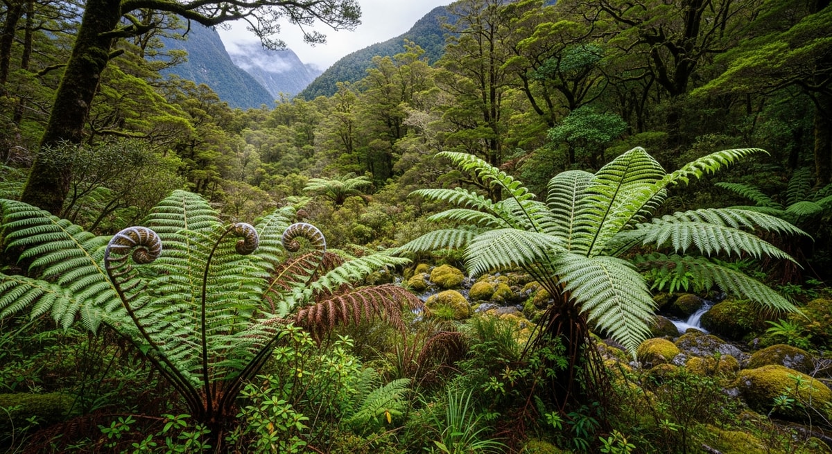 Pristine native bush with silver fern fronds and lush green forest in Fiordland National Park