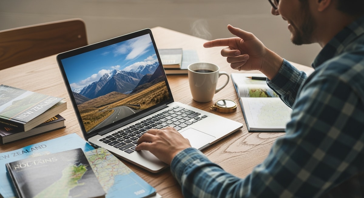 Excited traveler planning New Zealand adventure with laptop showing mountain scenery