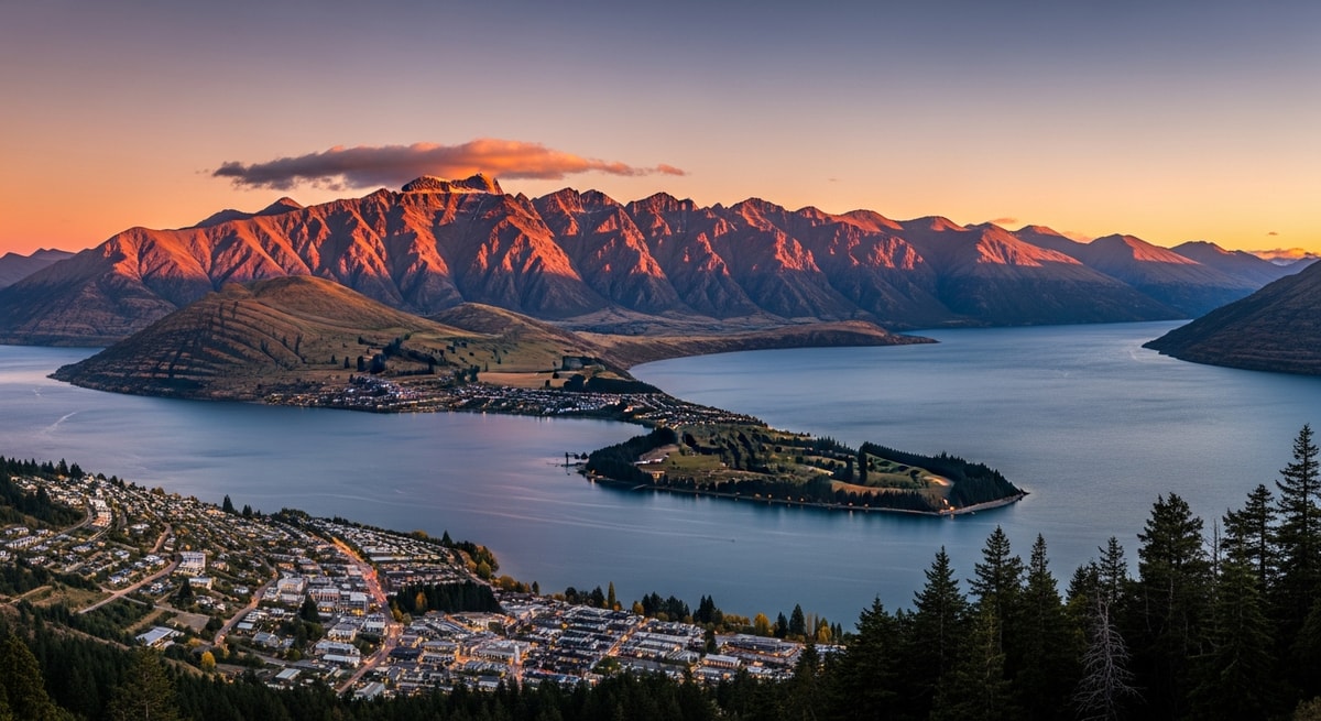 Stunning panoramic view of Queenstown with Lake Wakatipu and the Remarkables mountain range at golden hour