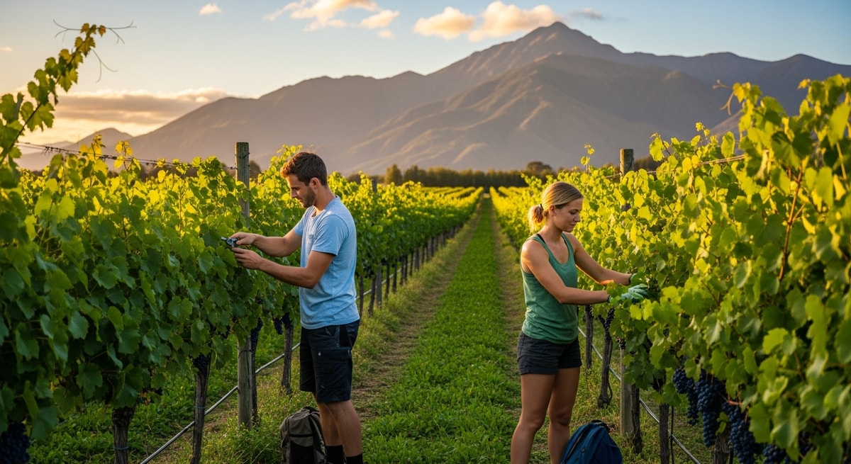 Young backpackers working on a vineyard in Marlborough wine region with stunning mountain backdrop