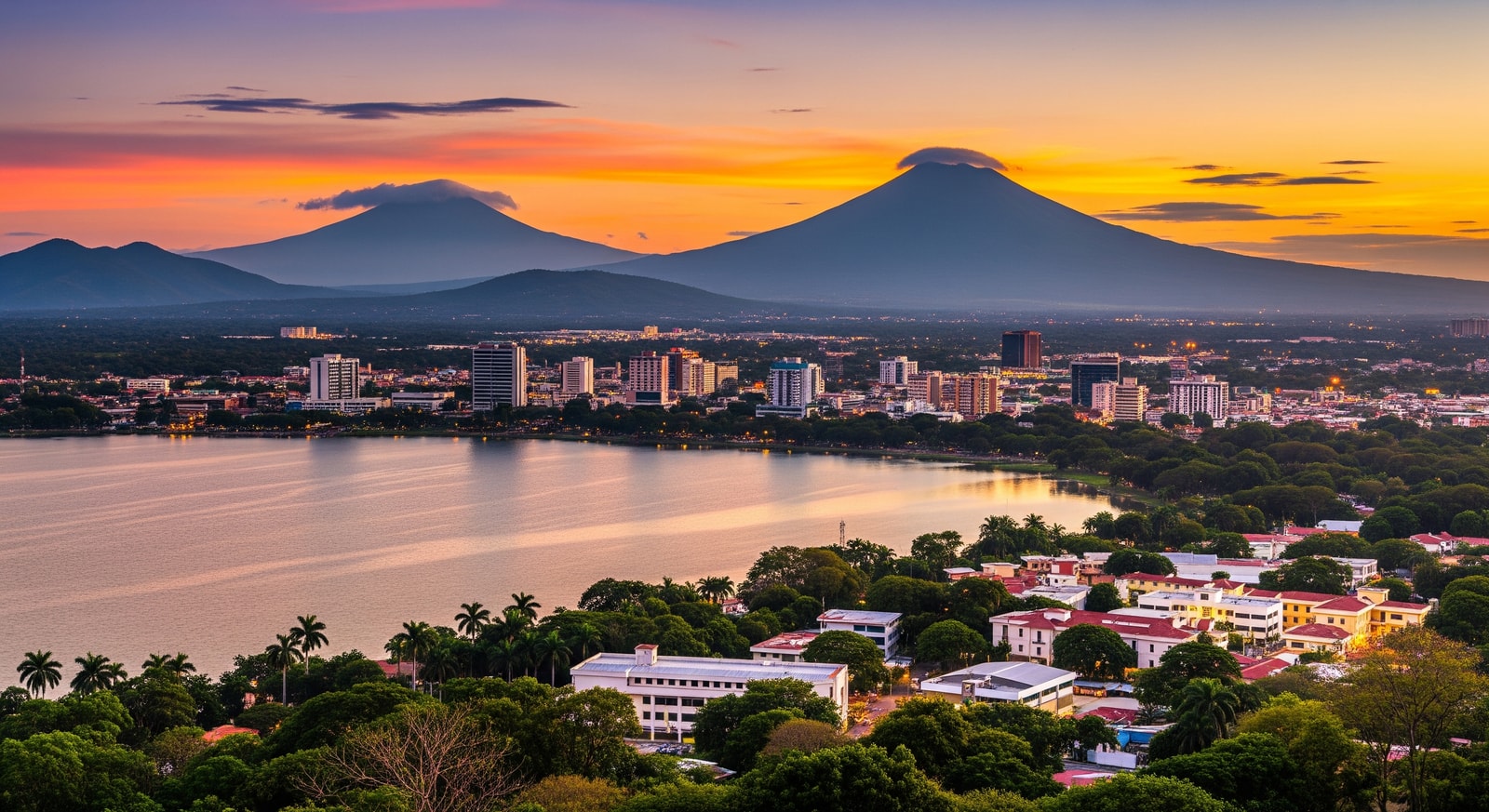 Managua cityscape with Lake Managua and volcanic mountains in the background