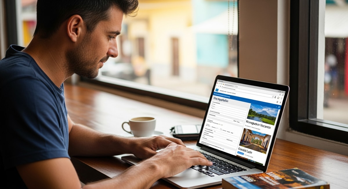 Traveler using laptop to apply for Nicaragua visa while researching volcanic and colonial destinations