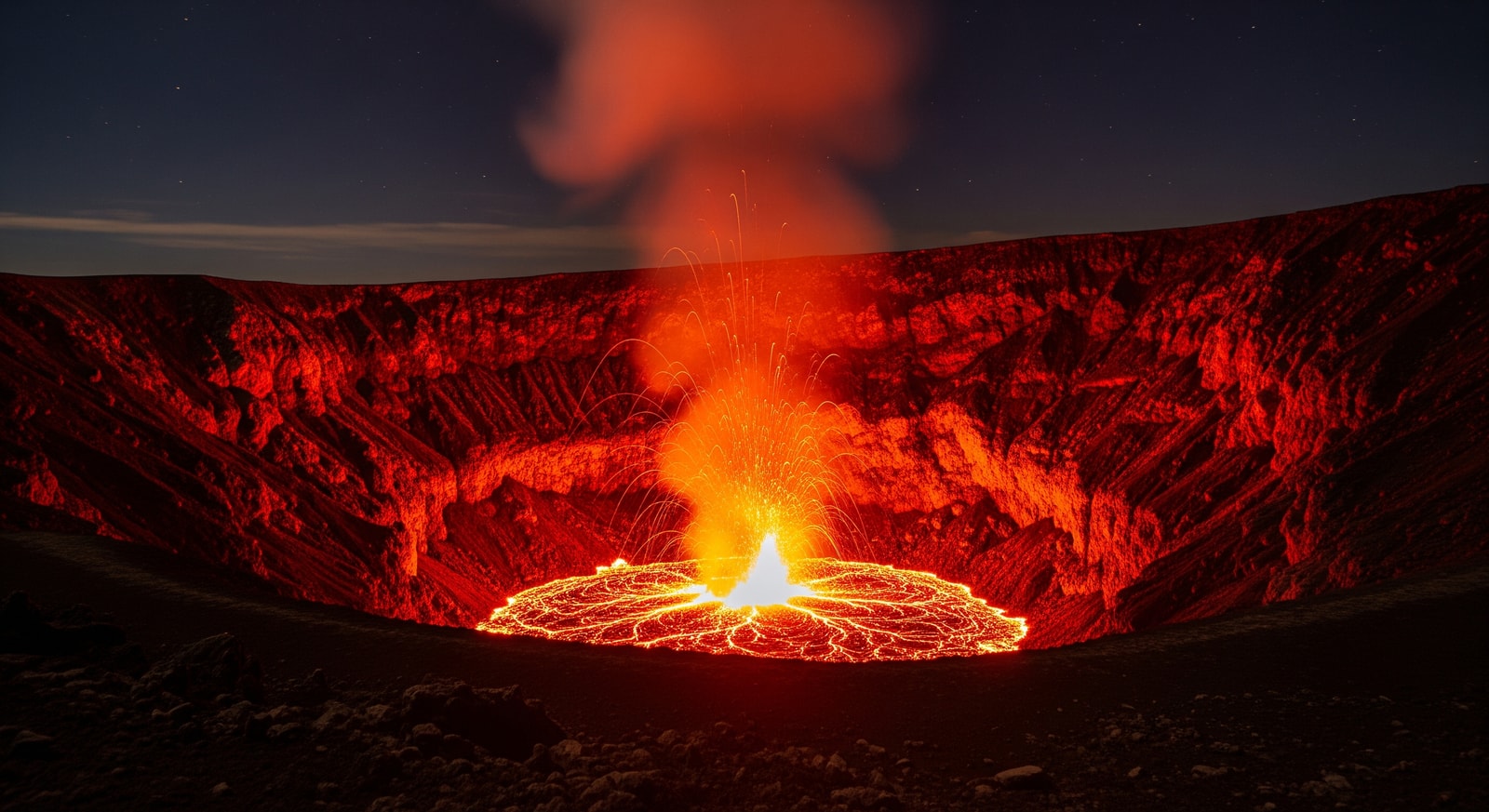 Masaya Volcano with active lava crater glowing at night