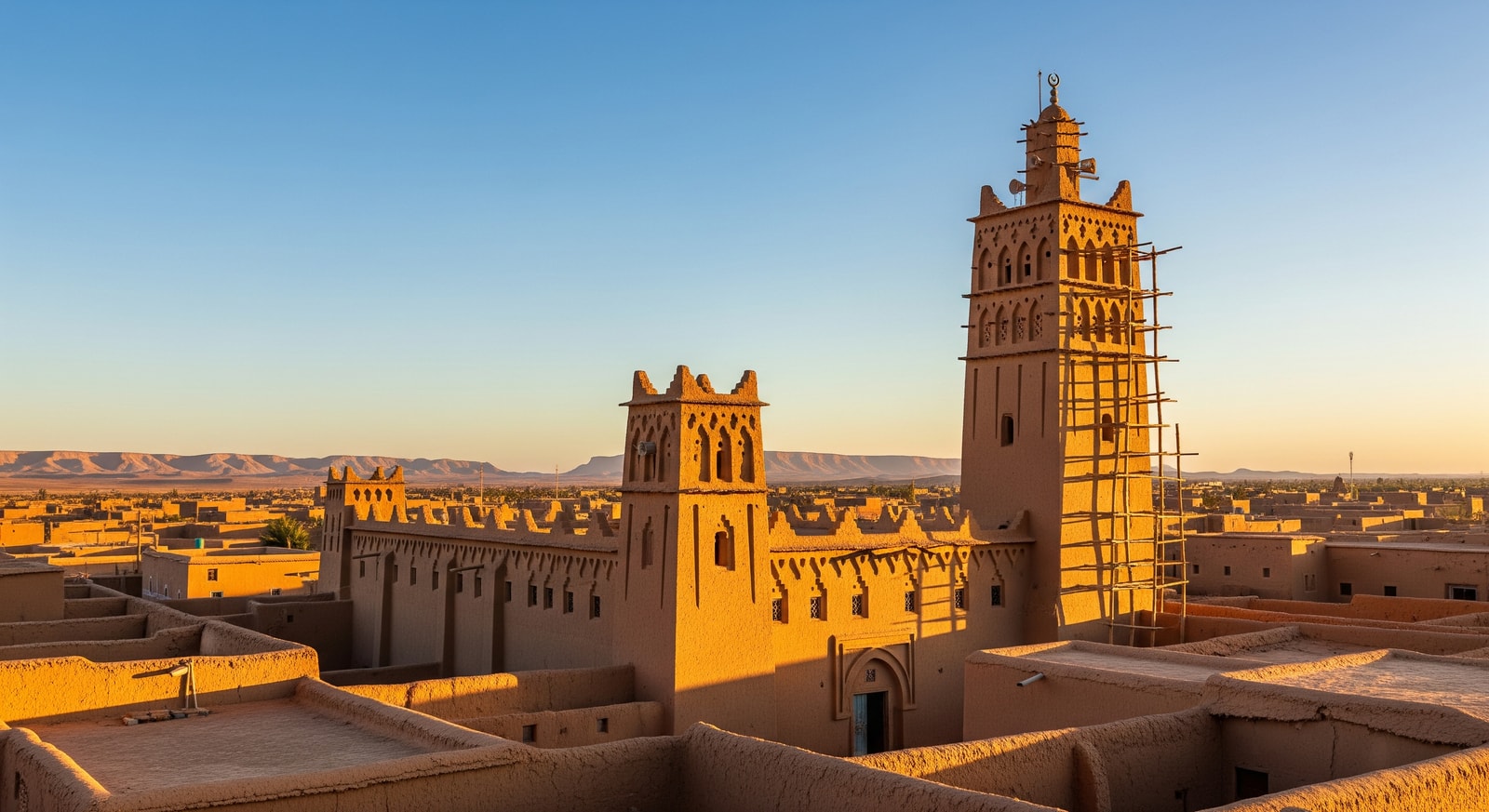 Historic mud-brick mosque and minaret in Agadez old town with traditional Saharan architecture