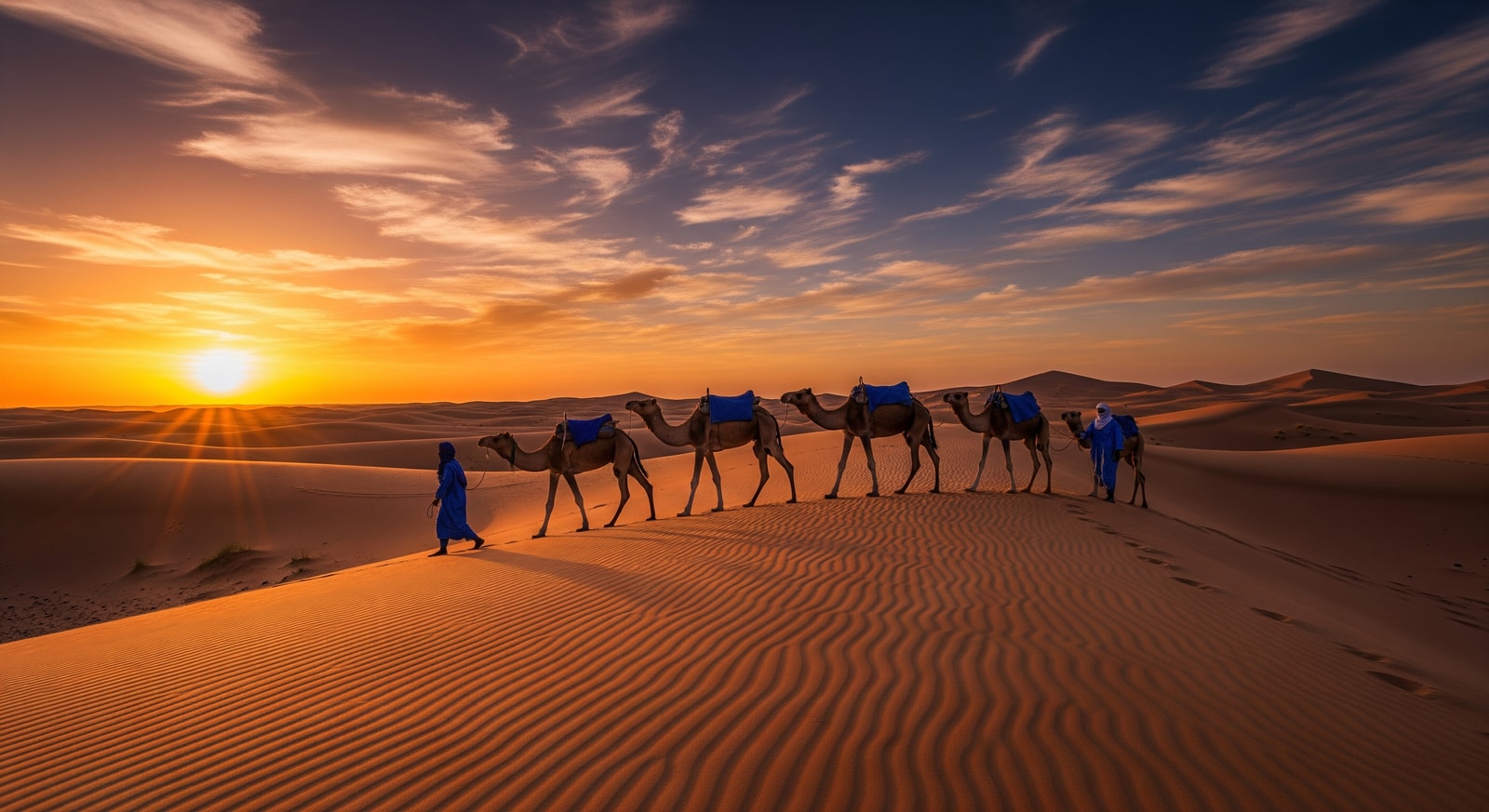 Tuareg nomads with camels crossing the vast golden dunes of the Tenere Desert at sunset