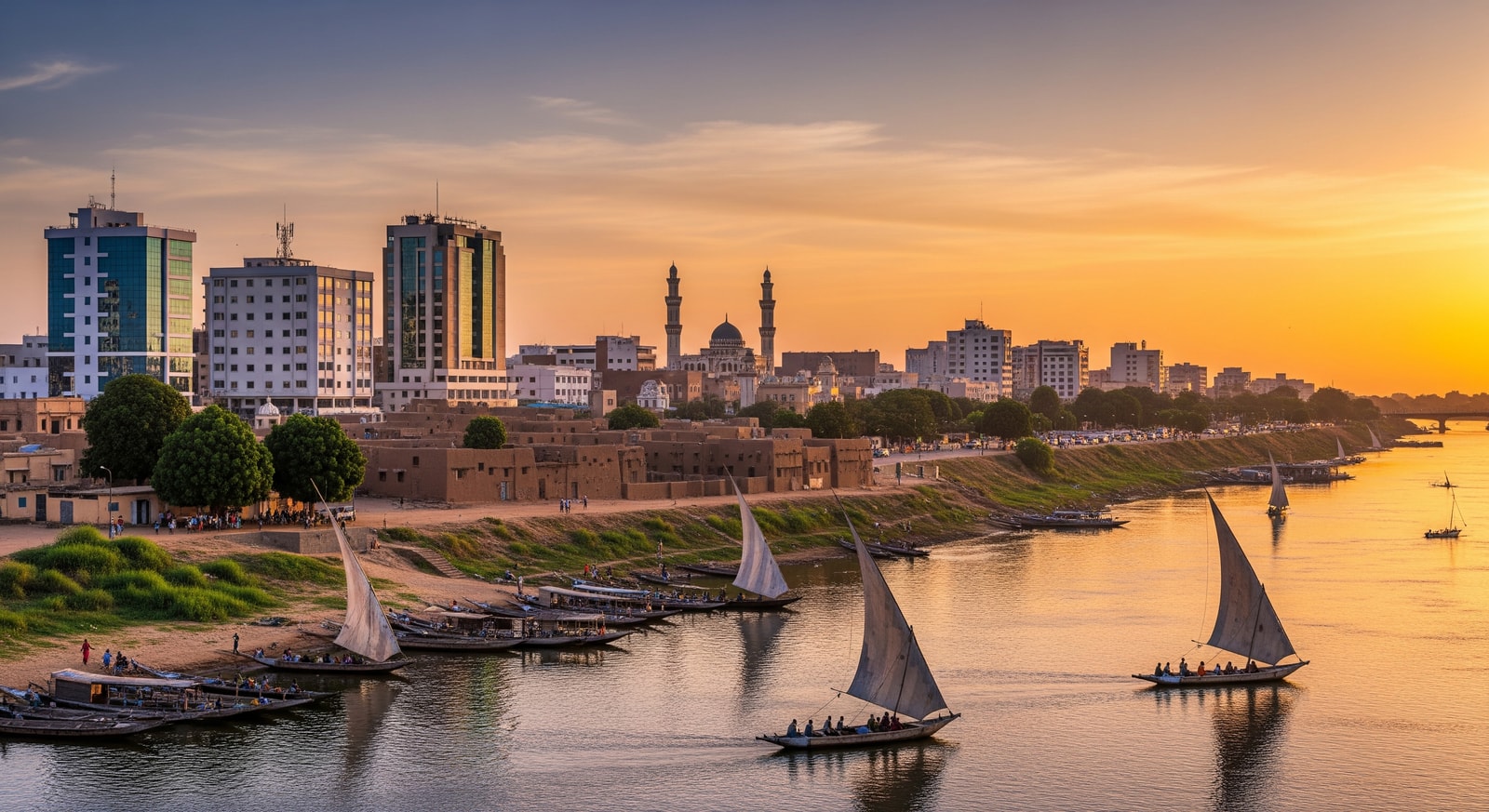 View of Niamey cityscape along the Niger River with traditional boats and modern buildings