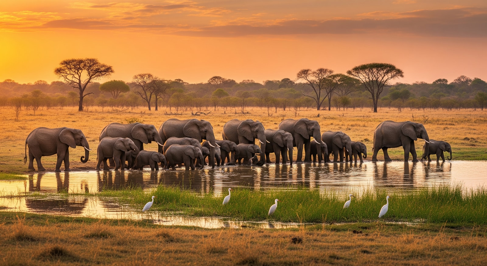 Elephants gathering at a watering hole in Yankari Game Reserve surrounded by savanna woodland