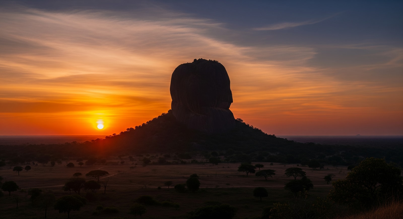 The majestic Zuma Rock monolith rising dramatically from the plains near Abuja at sunset