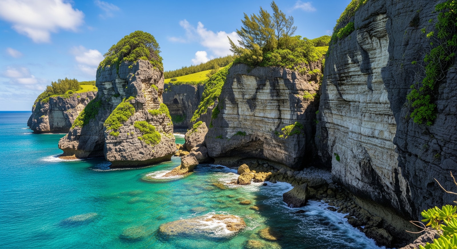 Dramatic limestone cliffs and crystal-clear waters along Niue's rugged coastline