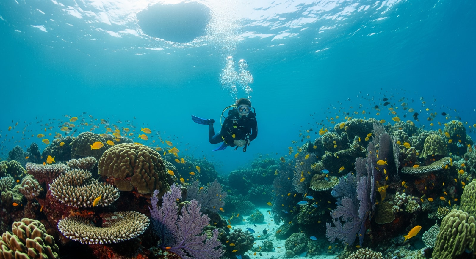 Scuba diver exploring vibrant coral formations in Niue's crystal-clear waters