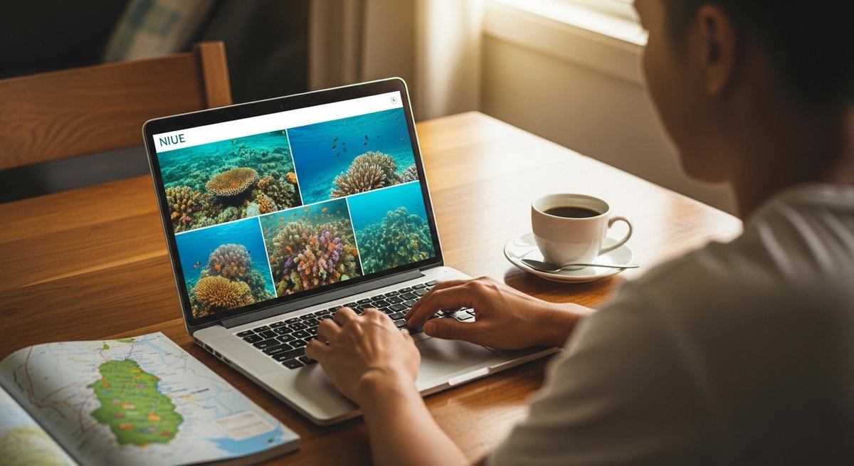 Traveler planning trip to Niue on laptop with coral reef photos