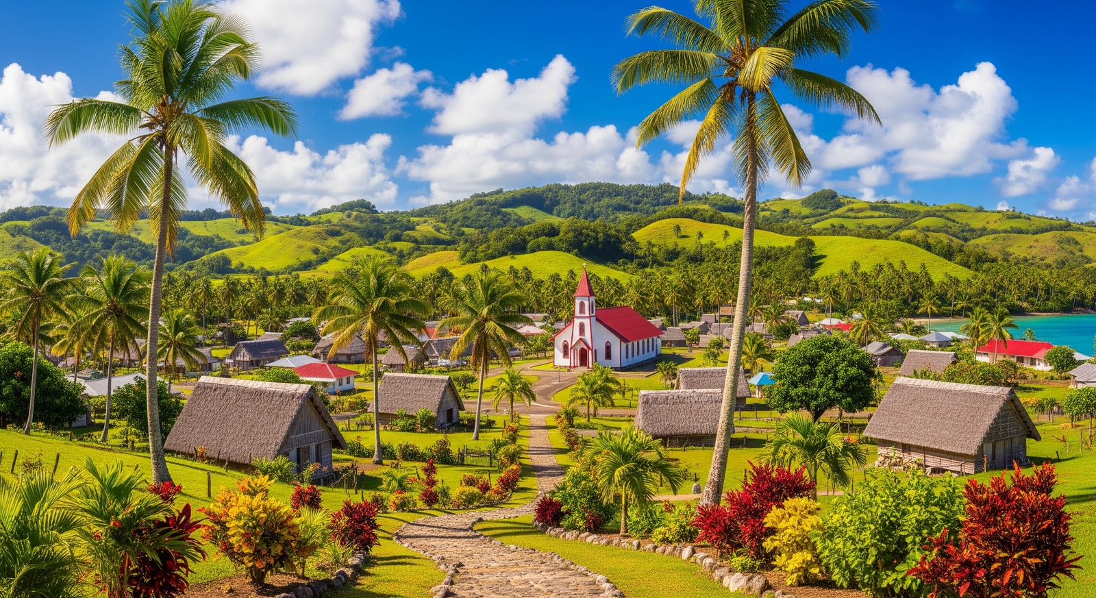 Traditional Niuean village with white church and palm trees in Alofi