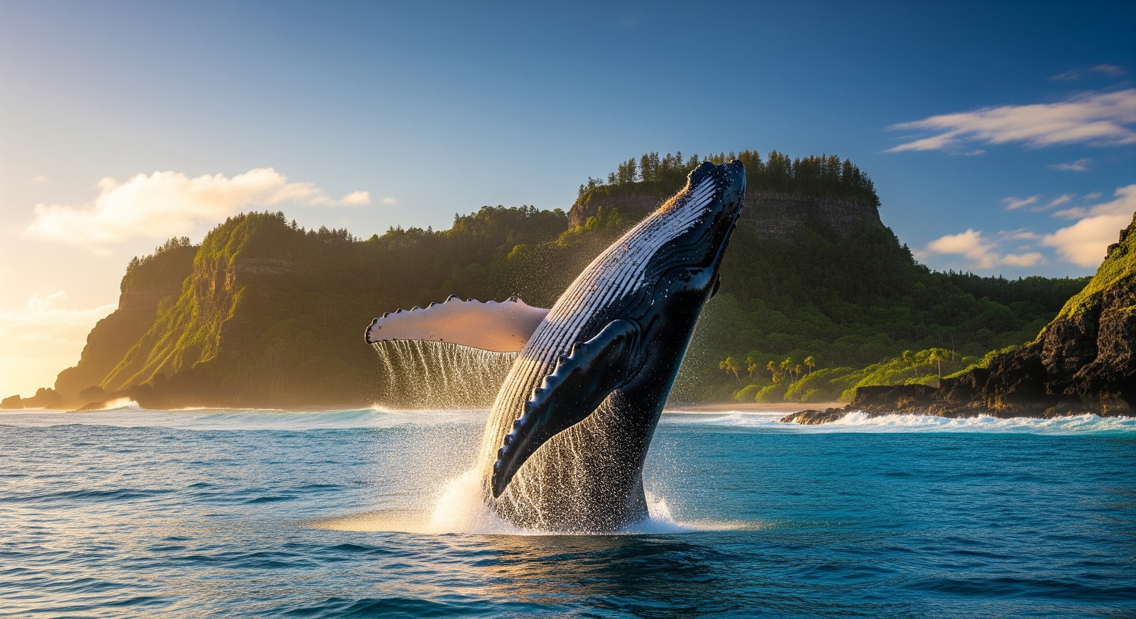Humpback whale breaching near Niue's coast during migration season