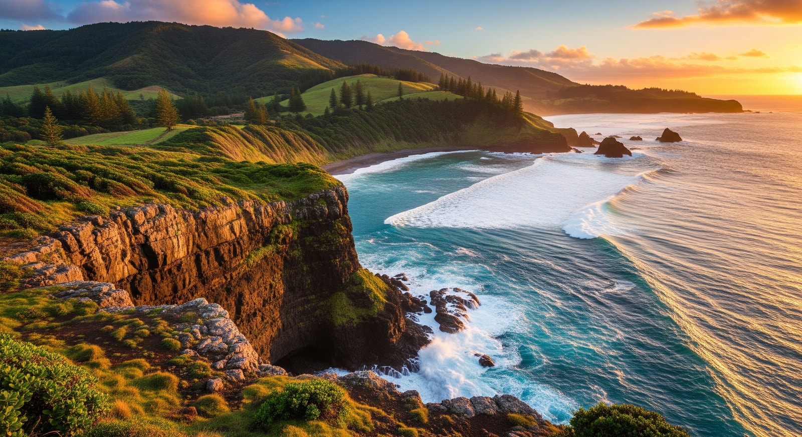 Dramatic clifftop view of Norfolk Island coastline with crashing waves and green hills