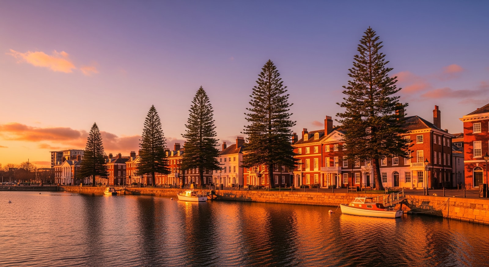 Historic Kingston waterfront with Georgian buildings and Norfolk pines at golden hour