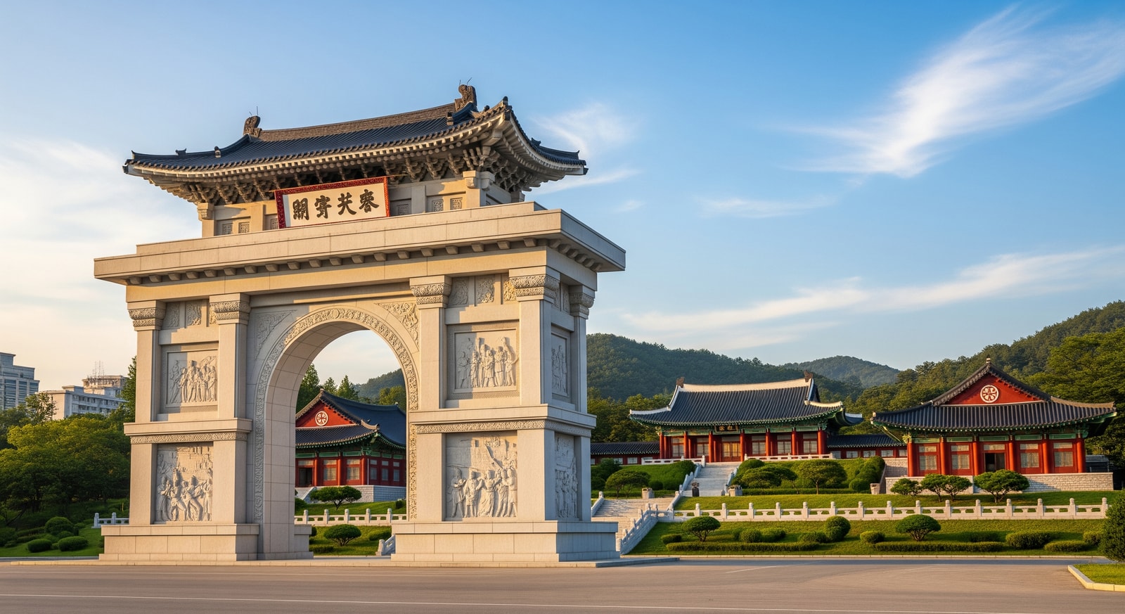 Arch of Triumph in Pyongyang with traditional Korean architecture