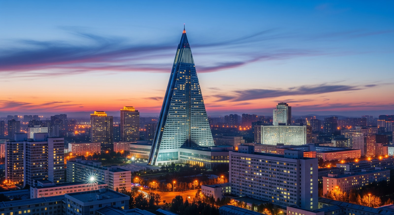 Ryugyong Hotel and Pyongyang cityscape at dusk with modern buildings