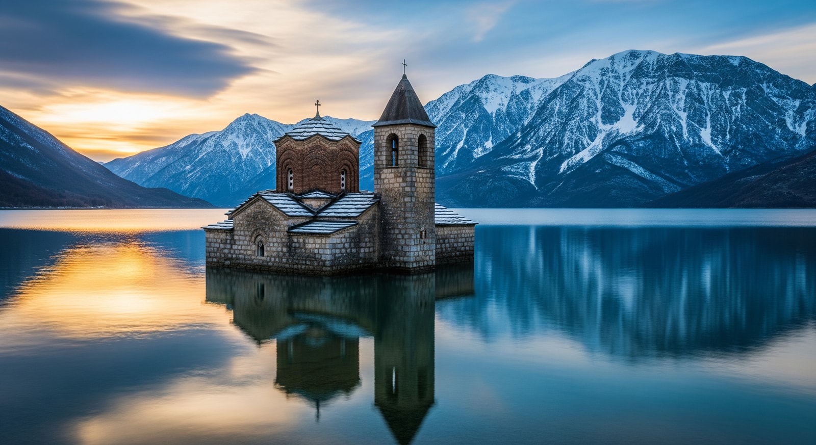 Half-submerged Church of Saint Nicholas in Mavrovo Lake with snow-capped Korab mountains in the background