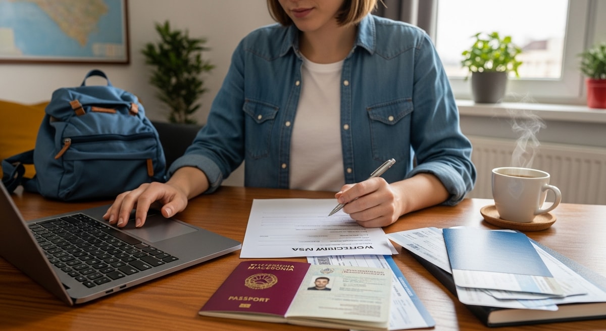 Traveler completing North Macedonia visa application online with passport and travel documents nearby