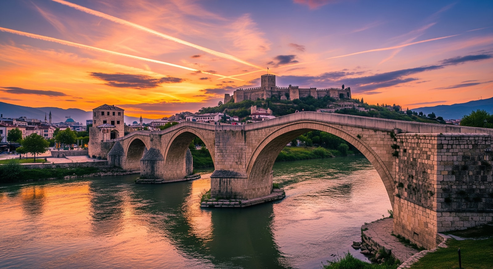 Stone Bridge over the Vardar River in Skopje with the Kale Fortress and sunset sky in the background