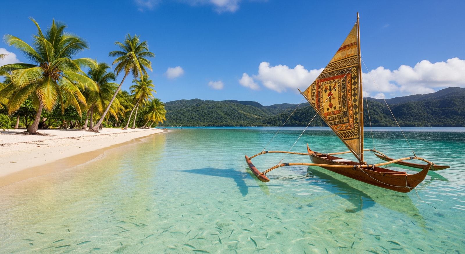 Crystal clear turquoise lagoon at Micro Beach in Saipan with traditional outrigger canoe in foreground