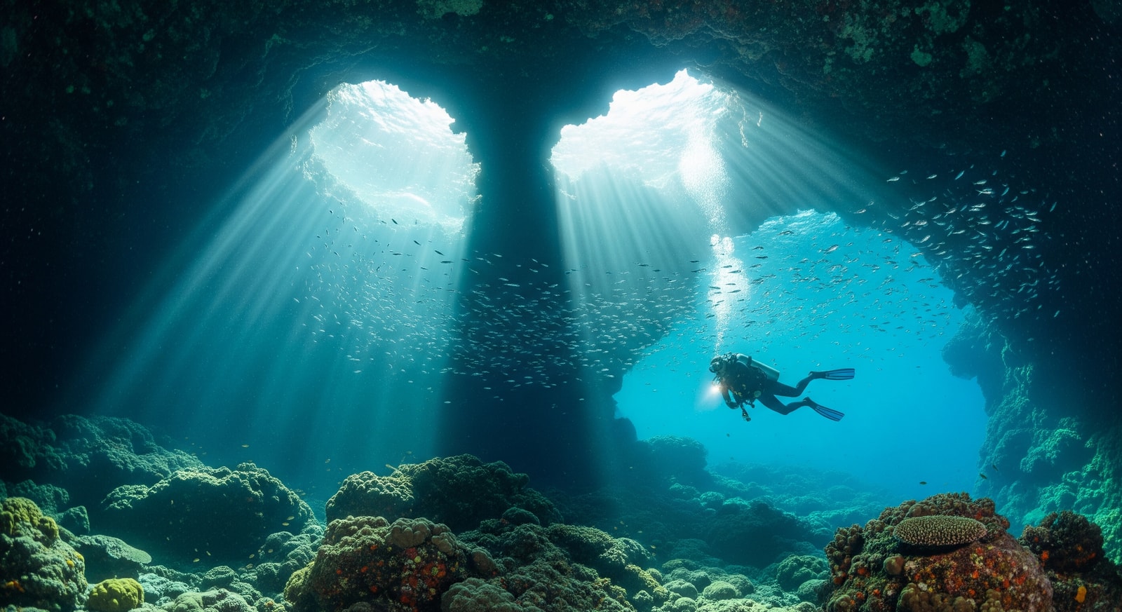 The famous Grotto diving site in Saipan with sunlight streaming through underwater limestone cavern