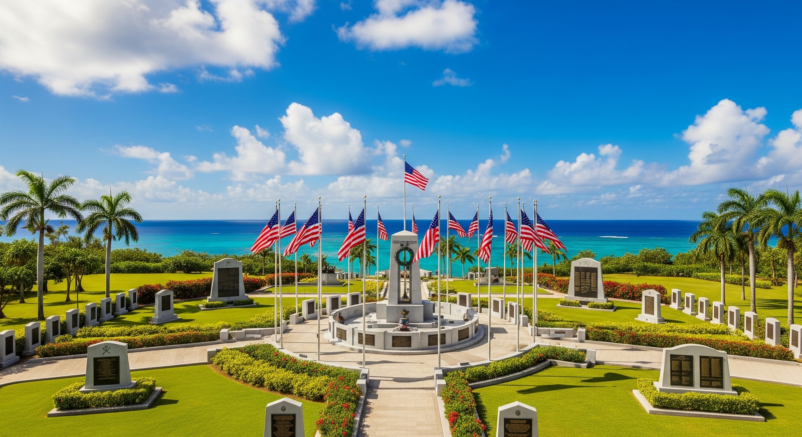 American Memorial Park in Saipan with flags and monuments honoring World War II veterans