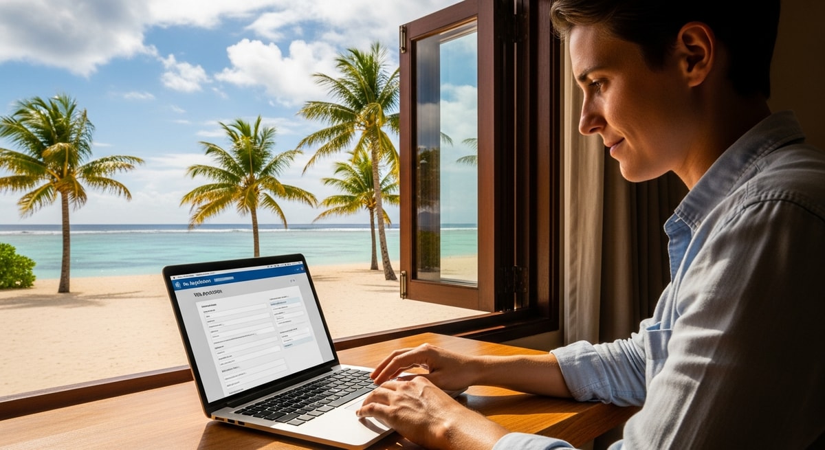 Traveler completing visa application on laptop with tropical Saipan beach visible through window