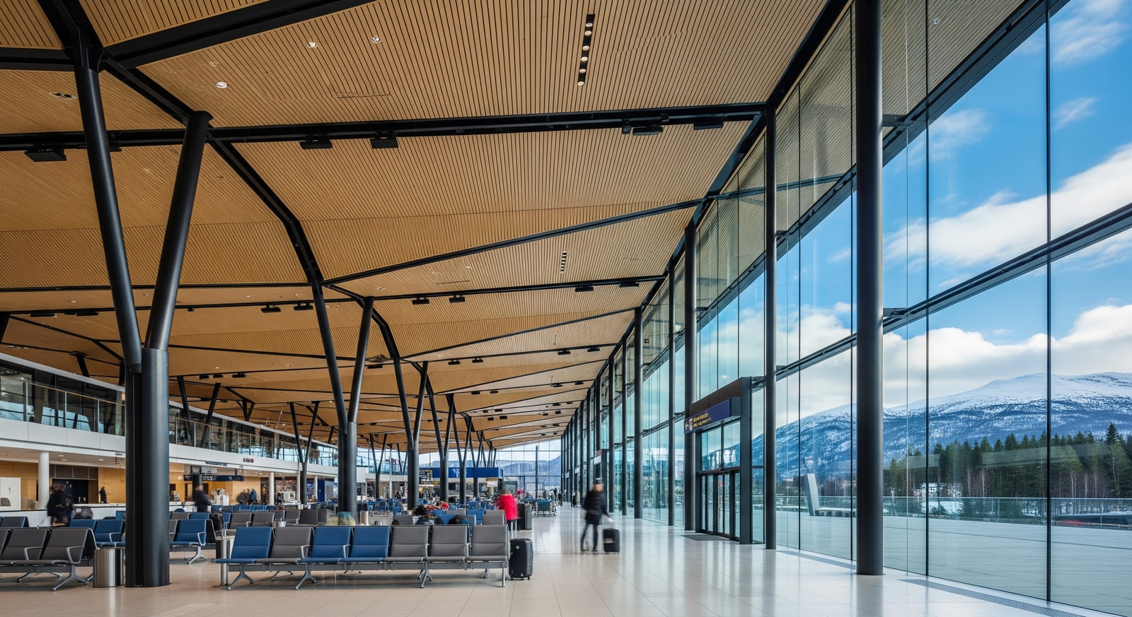 Modern Oslo Gardermoen Airport terminal interior with distinctive Norwegian wooden ceiling design