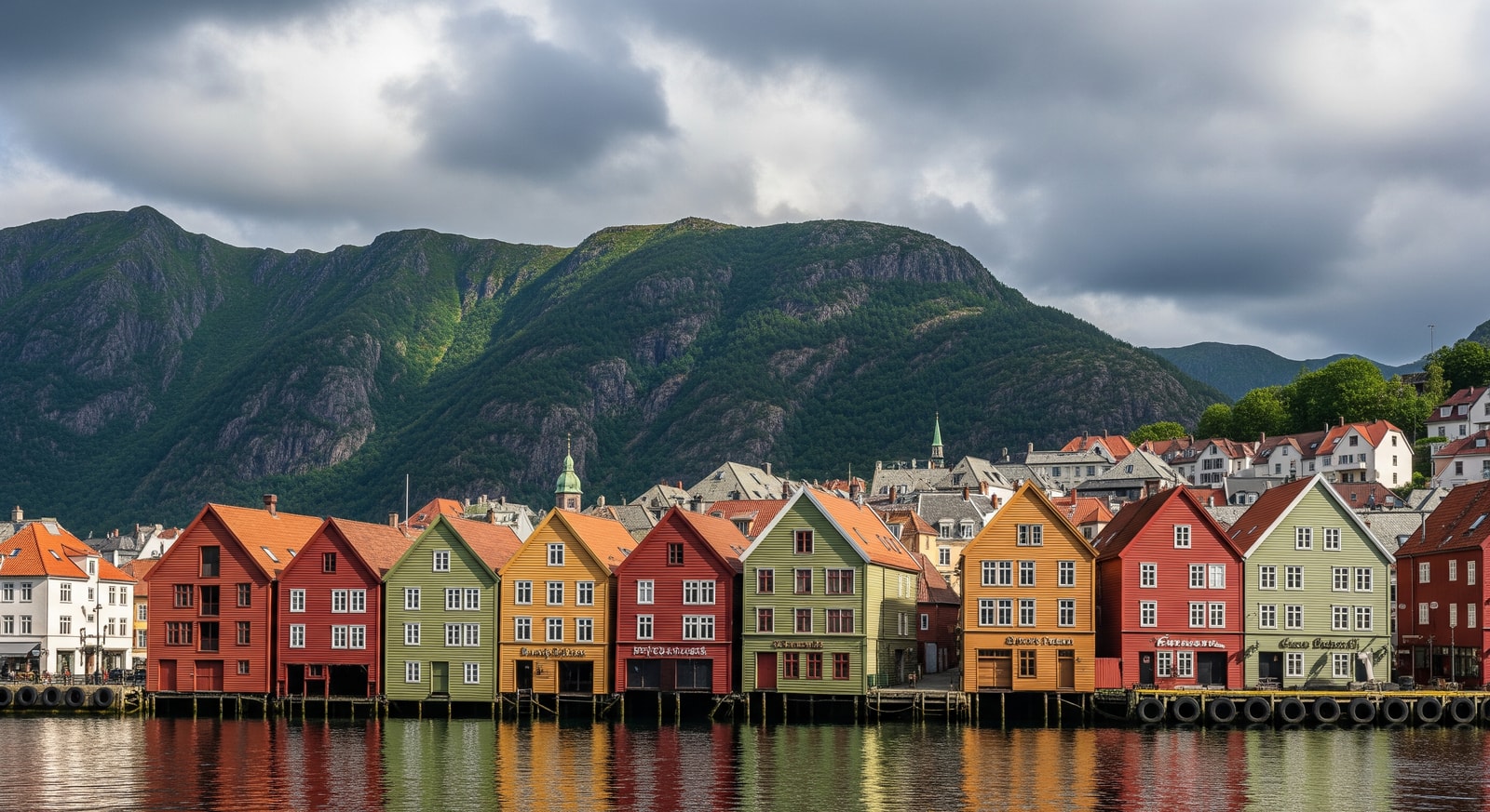Colorful wooden houses of Bryggen wharf in Bergen with mountains in the background under cloudy sky