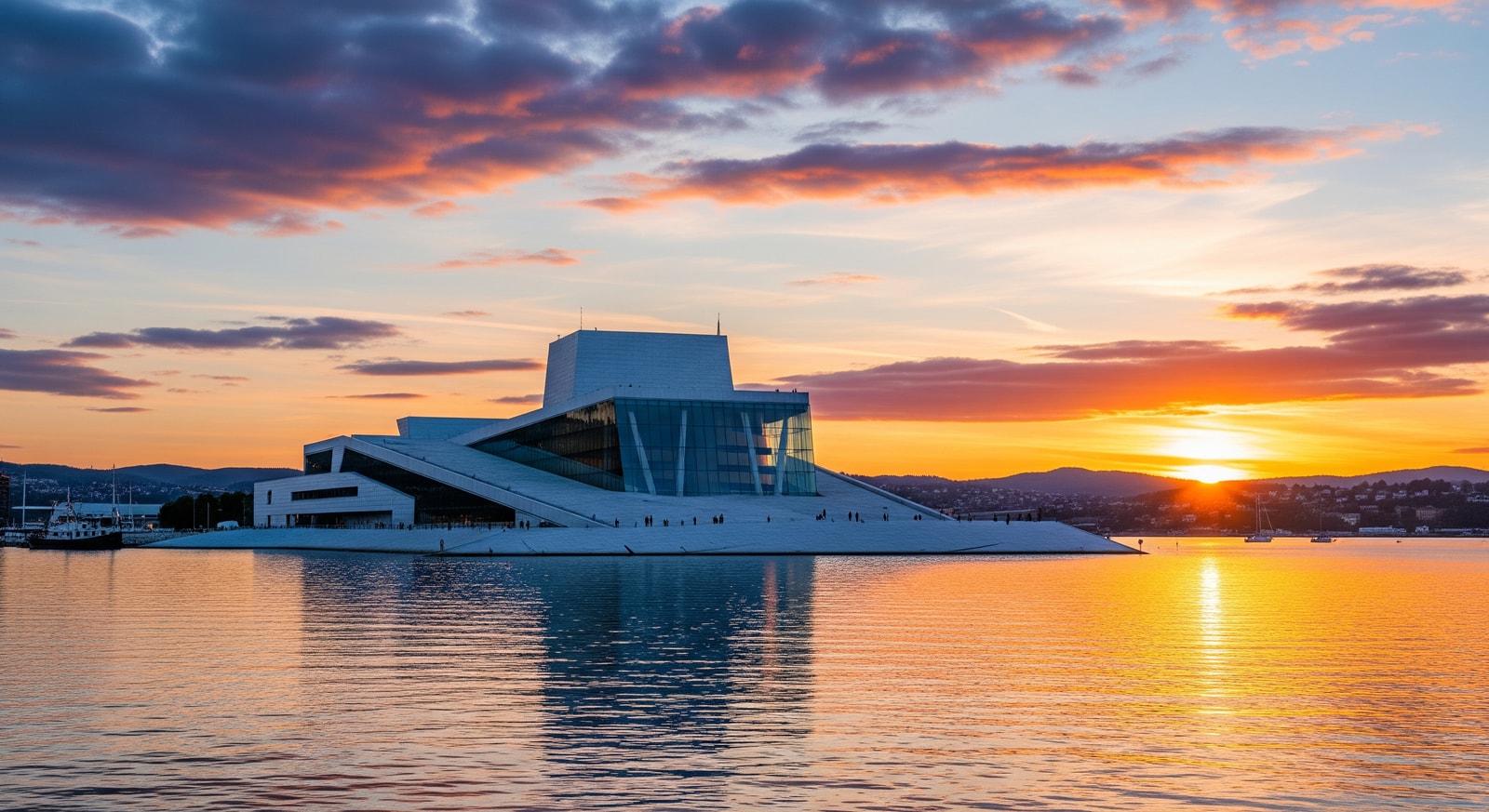 Oslo Opera House with its iconic white angular architecture rising from Oslo fjord at sunset